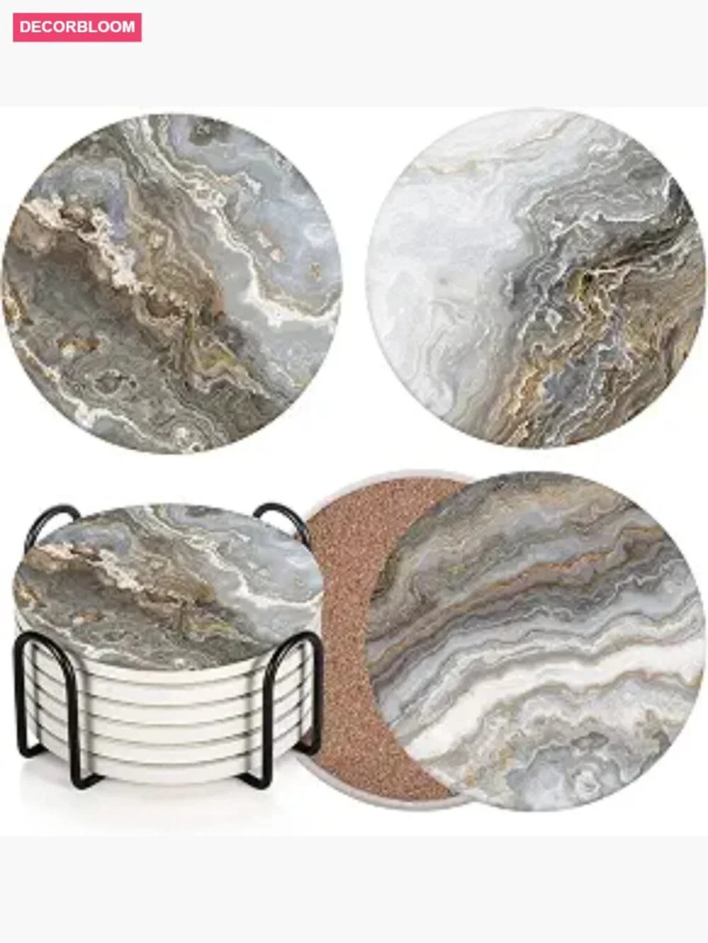 Coaster Set of 6 - Absorbent Stone with Cork Base and Metal Holder, Home Bar